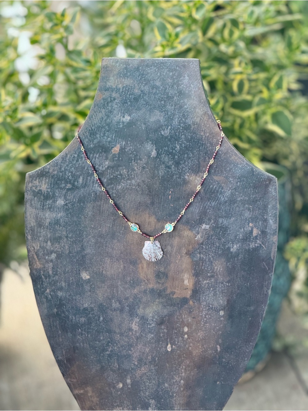 Gold-Tone Seashell Pendant Necklace with Purple Beads and Turquoise Accents